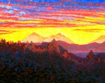 Mountains Fine Art Giclee Print, Three Sisters Mountains at Dawn, Pastel By Jan Maitland, Landscape, Giclee Print, Mountains, Sunrise