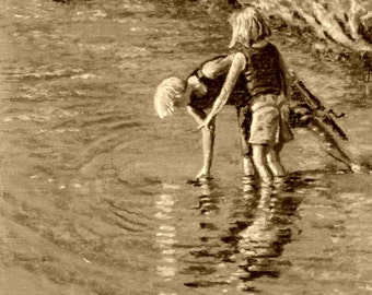 Kids Fishing Fine Art Sepia Giclee Print, Pastel Painting By Jan Maitland, Figures, River, Boy and Girl Fishing