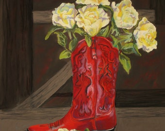 Red Western Boot Fine Art Giclee Print Red Boot Yellow Roses Pastel By Jan Maitland Western Theme Boot as Vase Still Life Archival 8 X 10