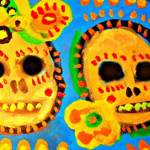 Fine Art Giclee Print, Fiesta, Candy Skulls, Day of the Dead, Mexican, Skull, Acrylic Painting by Robert Maitland, Archival Print, 10 X 10