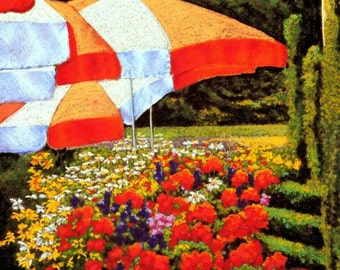 8" X 10" Fine Art Giclee Print, Salzburg Garden, Pastel Painting By Jan Maitland, Umbrellas, Red, Yellow, Green, Flowers, Landscape, Floral