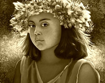 Portrait Fine Art Sepia Giclee Print, Niña, Young Girl Wearing a Floral Wreath, Portrait, Mexican Girl, Pastel Painting By Jan Maitland