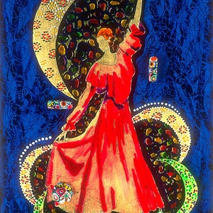 Fine Art Giclee Print, Gilded Reverse Painting on Glass By Jan Maitland, Moon Dance, Dancer, Woman in a Red Dress, Verre Eglomisé, Figure