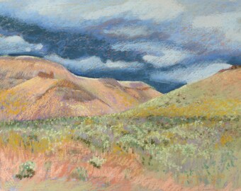 Stormy Desert Landscape Fine Art Giclée Print, Eastern Oregon Rim Rock Mountains, Desert Sage, Dark Thunder Clouds Against Dry Clay Desert