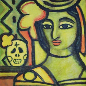 Day of the Dead Fine Art Giclee Print, Acrylic Painting By Robert Maitland, Woman With Skull, Mexican, Mexican Woman, Portrait,  8&quot; X 8&quot;