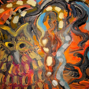 Fine Art Giclee Print, Owl, Hoot Owl, Orange, Multi Colored, Acrylic Painting by Robert Maitland, Archival Print, 8 X 10