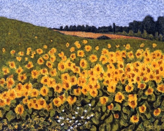 Sunflowers Fine Art Giclee Print, Tuscan Sunflower Field, Italy Sunflowers, Landscape, Pastel By Jan Maitland, Yellow, Blue Sky, 8 X 10