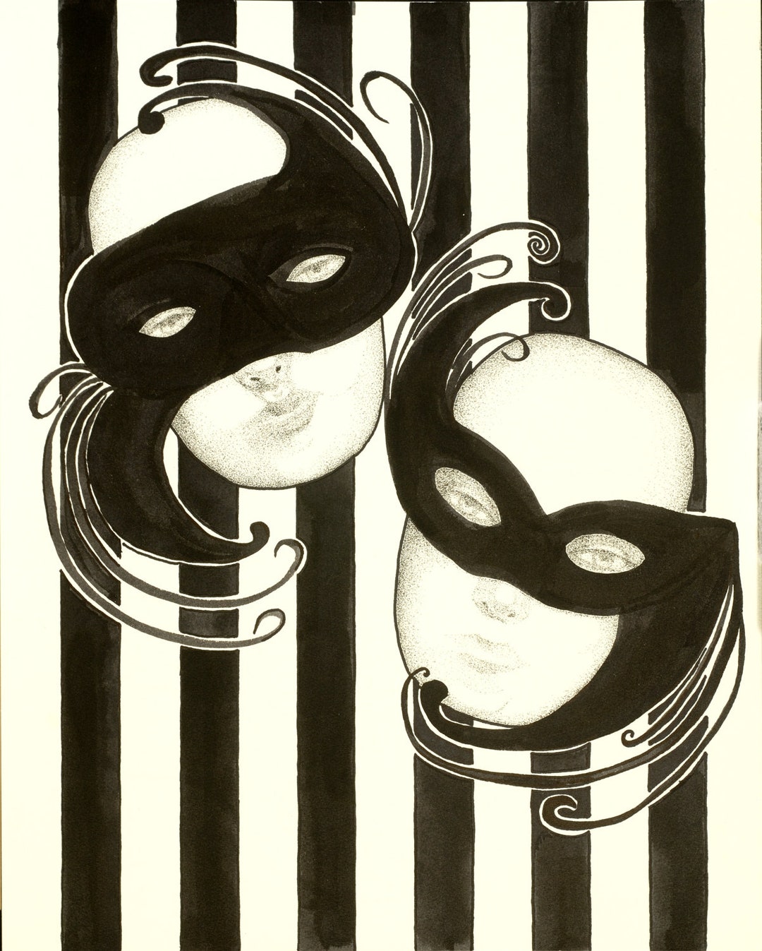 Masquerade Giclee Art Print: Pen & Ink Black and White Ball - Etsy