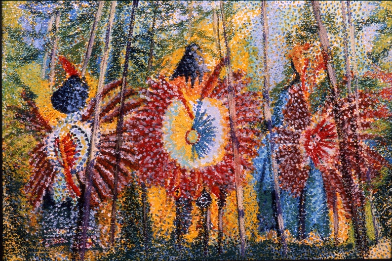 Native American Fine Art Giclee Print, Native Forest, Powwow, Art Print, Pastel Painting By Jan Maitland, Red. Gold, Blue, Yellow, Green image 1