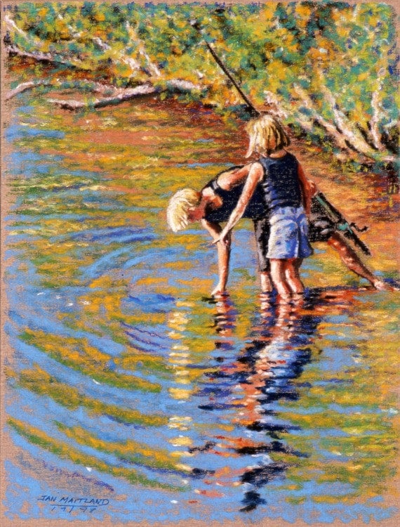 Kids Fishing Fine Art Giclee Print Fishing in the River Blonde Boy