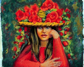 Flower Girl Fine Art Giclee Print, Girl in Red, Flower Girl, Girl in a Flowered Hat, Pastel Painting By Jan Maitland, Red Flowers, Portrait,