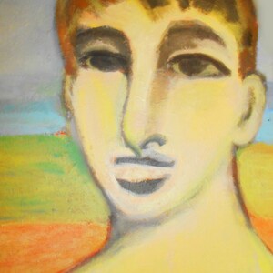 May include: A painting of a person's face with brown hair, yellow skin, and a light blue background. The person is looking directly at the viewer with a neutral expression.