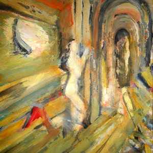 Puede incluir: Una pintura abstracta con una gama de colores amarillos, naranjas y verdes. La pintura presenta una figura central con un cuerpo blanco y un contorno oscuro. La figura está rodeada de una serie de arcos y líneas.