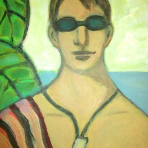 Fine Art Giclee Print, Portrait of a Young Man, Man Wearing a Shark Tooth necklace, Sunglasses, Ocean, Acrylic By Robert Maitland, 8X10