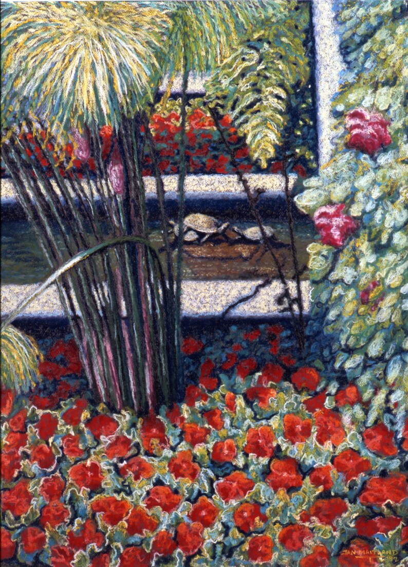 Garden Turtles Fine Art Print, Red Flowers, Turtles in a Fountain, Landscape, Pastel Painting By Jan Maitland image 1