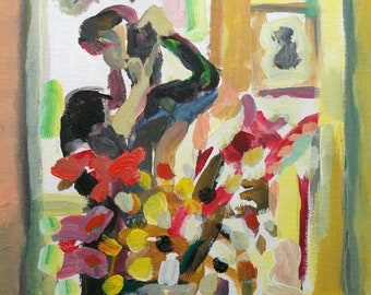 Fine Art Giclee Print,  Woman, Flowers, Mirror Image, Taking a Picture in a Mirror, Camera, Acrylic Painting by Robert Maitland 8 x 10