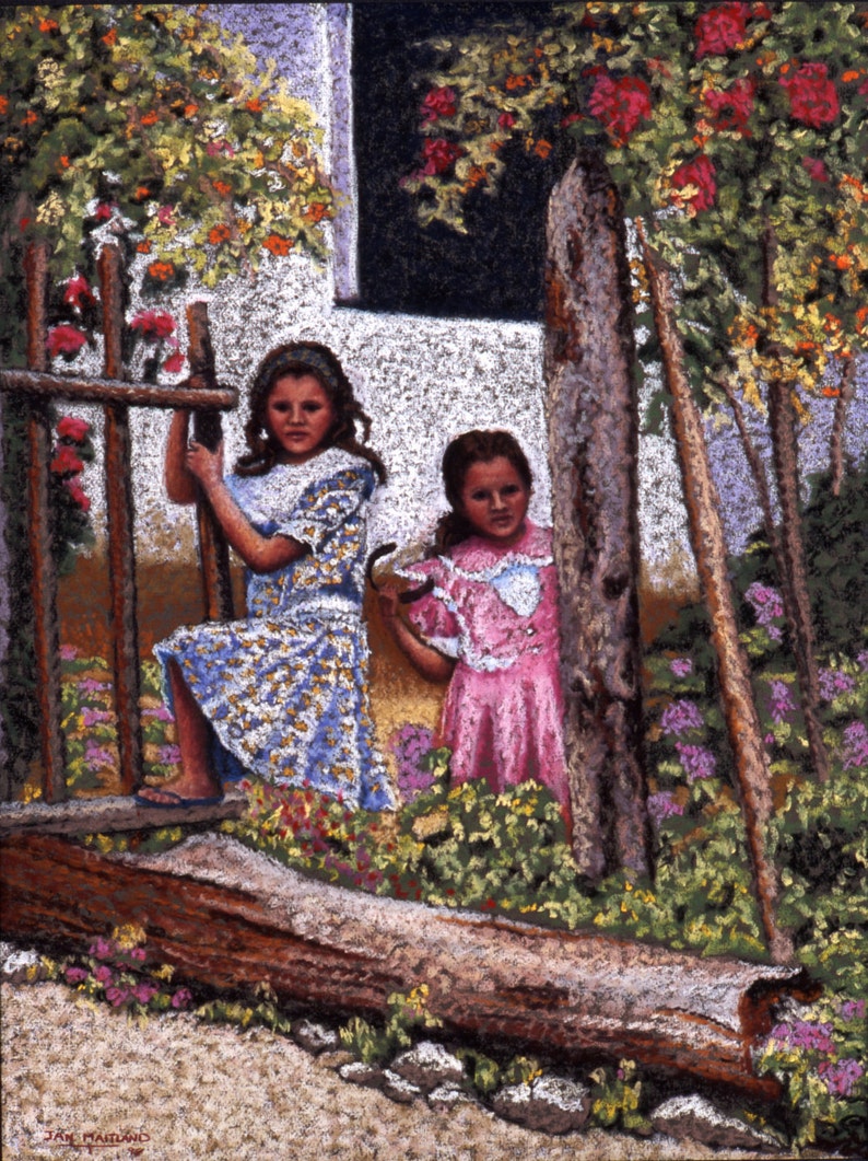 Two Girls In Pretty Dresses Fine Art Giclee Print, Sisters, Honduras, Figure Painting, Pastel Painting By Jan Maitland, Red Flowers, 7.5x10 image 1