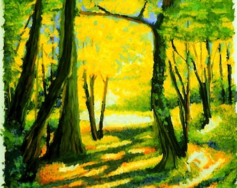 Impresión giclée de árboles otoñales: Bosque dorado, arte pastel de Jan Maitland (8x10)