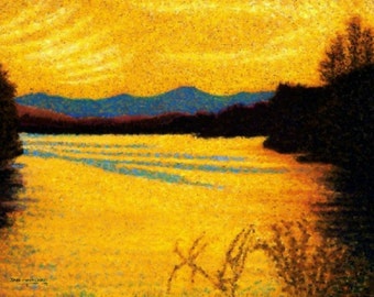 Golden Lake Fine Art Giclee Print Amber Light Lake Sunset Blue Mountains Pastel Painting By Jan Maitland Landscape Archival Print 8 X 10