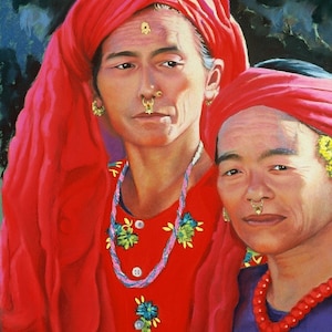 Two Nepalese Women Fine Art Giclee Print Didis Sisters Nepal Archival Print Pastel Painting By Jan Maitland Red Purple Figures Women 8x10