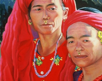 Two Nepalese Women Fine Art Giclee Print Didis Sisters Nepal Archival Print Pastel Painting By Jan Maitland Red Purple Figures Women 8x10