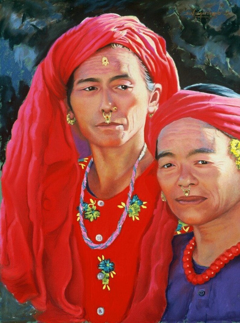 Two Women Fine Art Giclee Print, Didis, Sisters, Nepal, Archival Print, Pastel Painting By Jan Maitland, Red, Purple, Figures, Women, 8x10 image 1