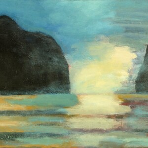 Seascape Fine Art Print, Blue Morning Bay, Giclee Print, Acrylic Painting By Robert Maitland, Mountains, Water, Waves, Blue Sky, 8x10