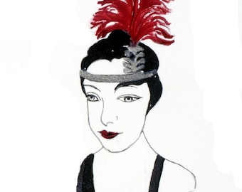 Portrait of a Flapper Fine Art Giclee Print Red Feather Roaring 20s Pen & Ink by Jan Maitland Red Black Silver Glamour Women Portrait 5x7