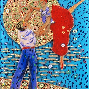 Tänzer Fine Art Giclée-Druck, Reverse Painting auf Glas von Jan Maitland, tanzende Figuren, wunderliche, 5 &quot;X 7&quot; Bild, Archiv-Druck