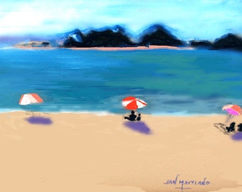 Beach Scene Seascape Fine Art Giclee Print Ocean Beach Red and White Umbrellas Sand and Sea Blue Water Oil Painting By Jan Maitland 8" X 10"