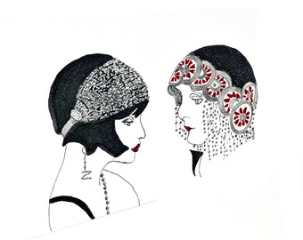 Impresión giclée de chicas flapper: Retrato art déco de los locos años 20 (12,7 x 18,8 cm)