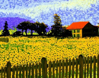 Sunflowers Fine Art Giclee Print, Tuscany Sunflower Field, Painting By Jan Maitland, Sunflowers, Farmhouse, Italy, Landscape, 8 X 10