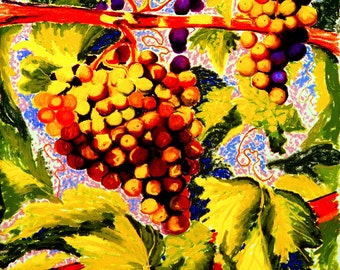 Grapes On the Vine Fine Art Print Giclee Print Pastel Painting By Jan Maitland Purple Green Yellow Rust Mauve Wall Decor Archival 8x10