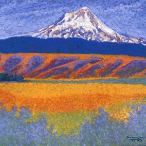Snow-Capped Mountain Fine Art Giclee Print, Mountain, Landscape, Blue, Cascade Mountain, Oregon Pastel Painting By Jan Maitland, 8x10