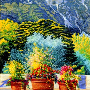 Flowers and Mountains Fine Art Print, Innsbruck, Austria, Pastel Painting By Jan Maitland, Giclée, Potted Flowers Landscape fits 8X10 Frame