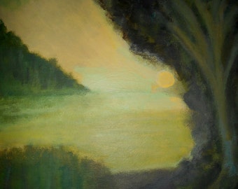Arte e Collezionismo, Fine Art giclée Print, fiume tramonto, tramonto, paesaggio, pittura acrilica originale da Robert Maitland, verde e oro,