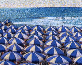 Riviera Umbrellas Fine Art Giclee Print Italy Mediterranean Pastel By Jan Maitland Blue and White Umbrellas Ocean Beach Archival 8 X 10