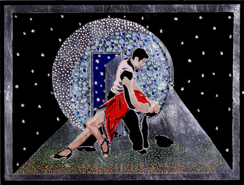 Dancers Fine Art Giclee Print Stars Cool Tango Tango Reverse Painting on Glass and Silver leaf By Jan Maitland Red Dress Surrealistic