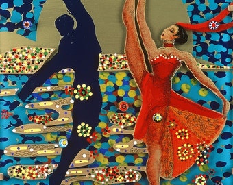Puede incluir: Una pintura abstracta colorida con dos figuras bailando sobre un fondo azul y dorado. Las figuras están silueteados en negro y rojo, con la figura femenina vistiendo un vestido rojo y una bufanda roja. El fondo está lleno de pequeños puntos y remolinos de colores.