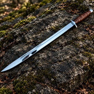 Peut inclure: Une épée en acier à double tranchant dotée d'une longue lame pointue avec une gouttière centrale et une garde transversale argentée. La poignée est enveloppée de cuir marron foncé, terminée par un pommeau argenté lisse et arrondi.
