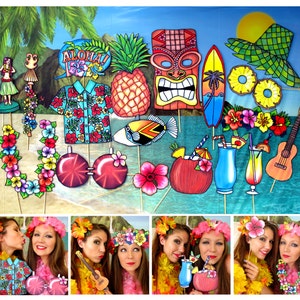 Hawaii Summer Luau Aloha photo booth props, perfect for your tropical island bash, Hawaiian surf party on the beach or Tiki Luau