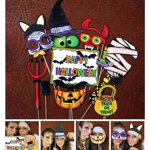 May include: A set of Halloween photo booth props featuring a variety of spooky and fun characters, including a witch, a vampire, a mummy, a pumpkin, and a bat. The props are printed on cardstock and have sticks attached for easy holding. The props are perfect for adding a festive touch to your Halloween party.