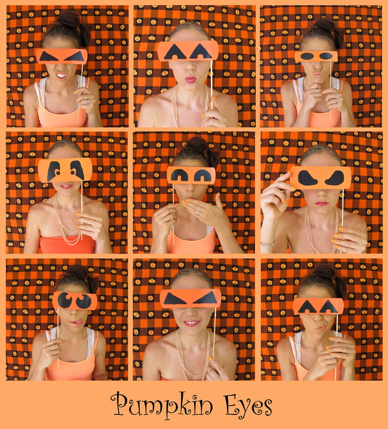 the different kind of Halloween photo booth props pumpkin eyes, noses and mouths let's be pumpkins can be used as carving stencils too image 2