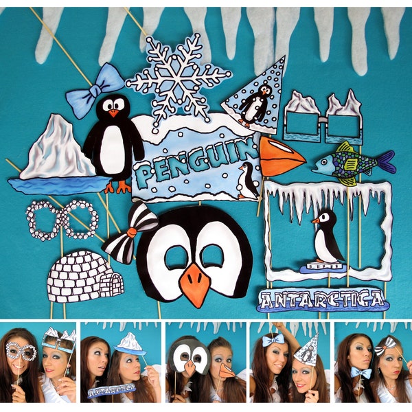 Antarctica penguin photo booth props perfect for your themed birthday party, winter wonderland or holiday celebration