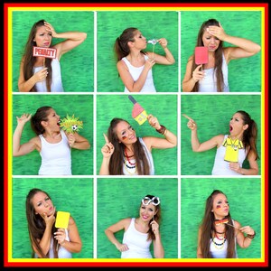 May include: Nine women are posing for a photo booth with props related to soccer. The props include a whistle, a yellow card, a red card, a soccer ball, a soccer jersey, and a sign that says "Penalty".