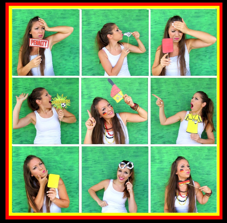 May include: Nine women are posing for a photo booth with props related to soccer. The props include a whistle, a yellow card, a red card, a soccer ball, a soccer jersey, and a sign that says "Penalty".