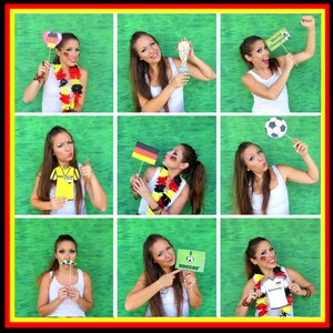May include: Nine photos of people holding various props related to soccer. The props include a soccer ball, a soccer jersey, a soccer flag, a soccer trophy, a mustache, and a sign that says "I love soccer".