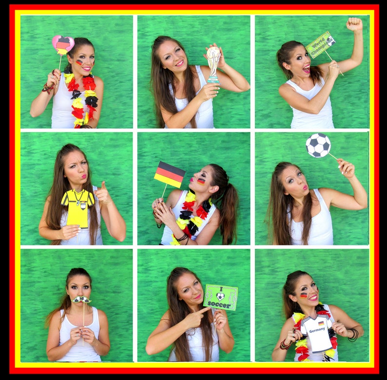 May include: Nine photos of people holding various props related to soccer. The props include a soccer ball, a soccer jersey, a soccer flag, a soccer trophy, a mustache, and a sign that says "I love soccer".