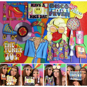 seventies photo booth props - perfect for a throw back 70s theme party or a funky retro themed disco fever party