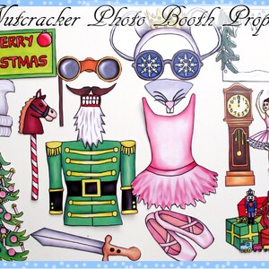 May include: A set of Nutcracker themed photo booth props. The props include a Nutcracker soldier, a ballerina, a mouse, a Christmas tree, a rocking horse, a sword, a pair of ballet shoes, a clock, a sign that says "Merry Christmas", and a pair of goggles.